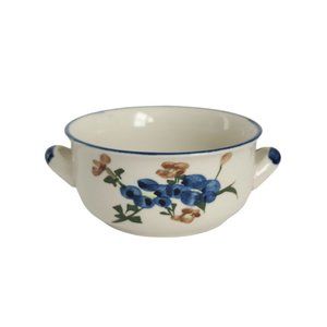 Vintage Chi Jiang Stoneware Soup Bowl Hand Painted Double Handle Blue Rim Floral